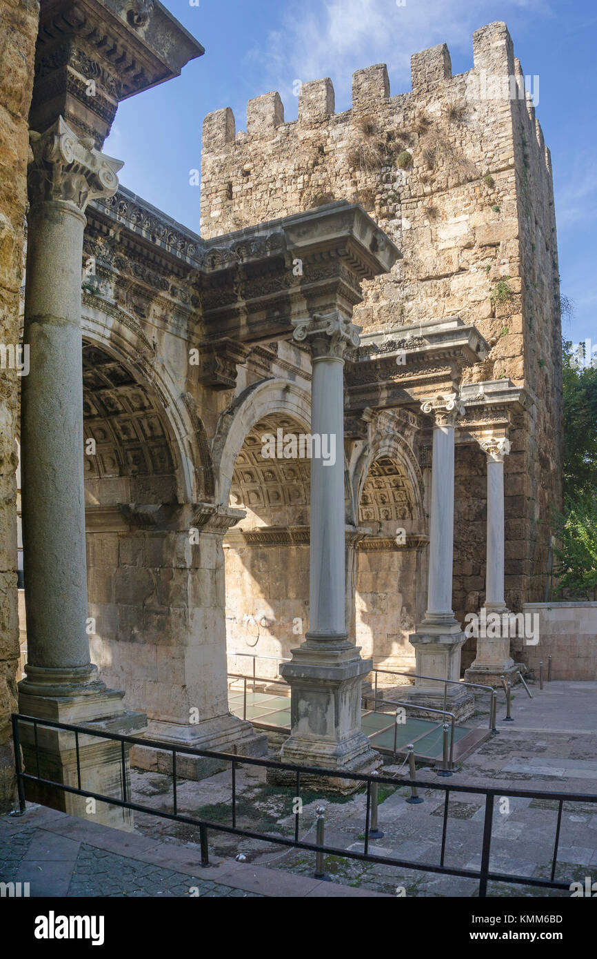 Hadrians gate at Atatuerk Caddesi, entrance to Kaleici the old town of Antalya, turkish riviera, Turkey Stock Photo