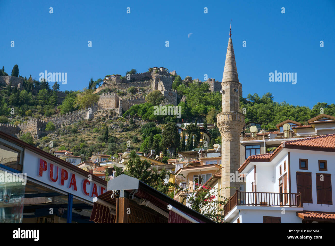 View from harbour up to the fortress of Alanya, turkish riviera, Turkey Stock Photo