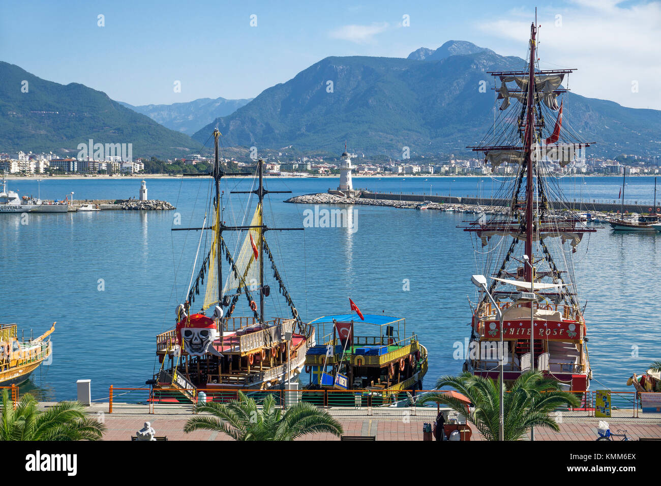Excursion ships with pirate optic at the harbour of Alanya, turkish riviera, Turkey Stock Photo