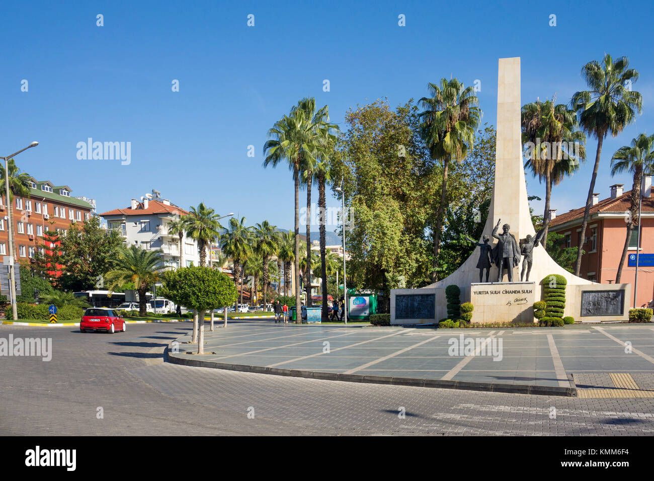 Ataturk Monument with letters Yurtta sulh, cihanda sulh (in english: Peace at home, peace in the world), Alanya, turkish riviera, Turkey Stock Photo