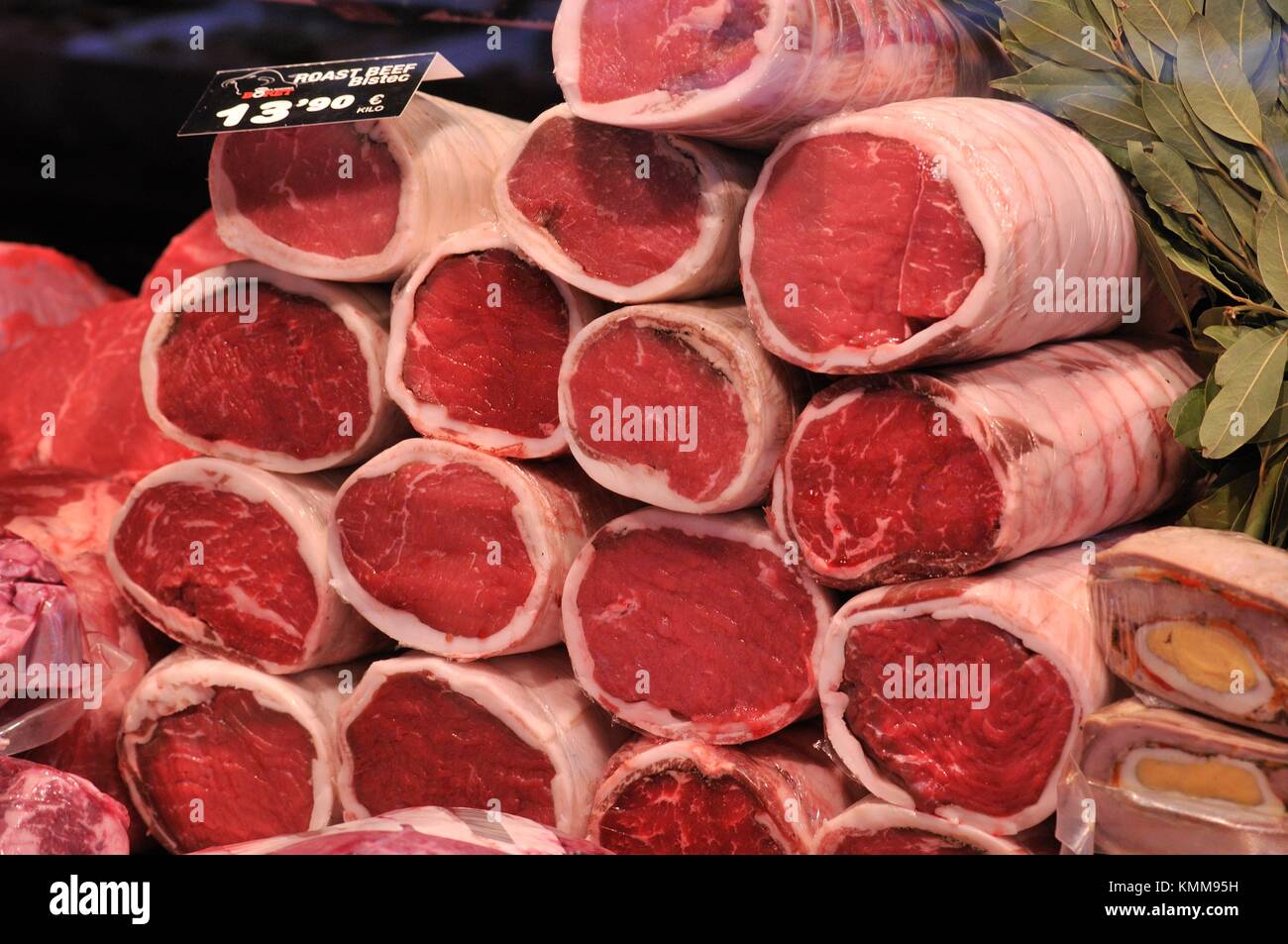 Roast beef for sale at Sant Josep aka La Boqueria market, Barcelona