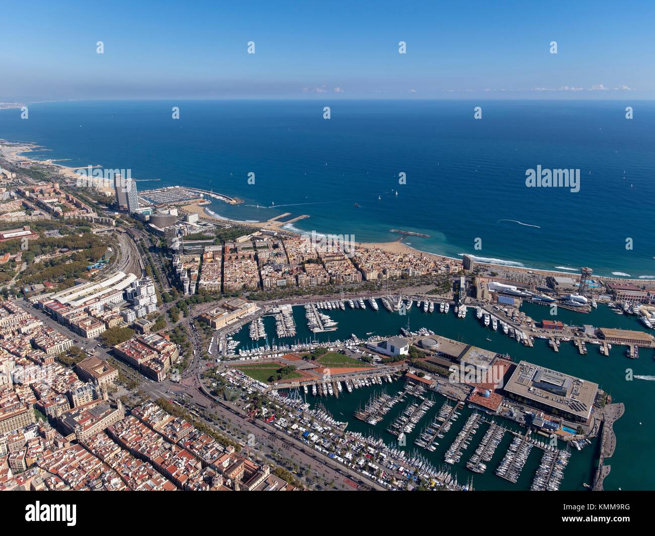 Aerial view of Barcelona coast line, sea port and beaches. Stock Photo