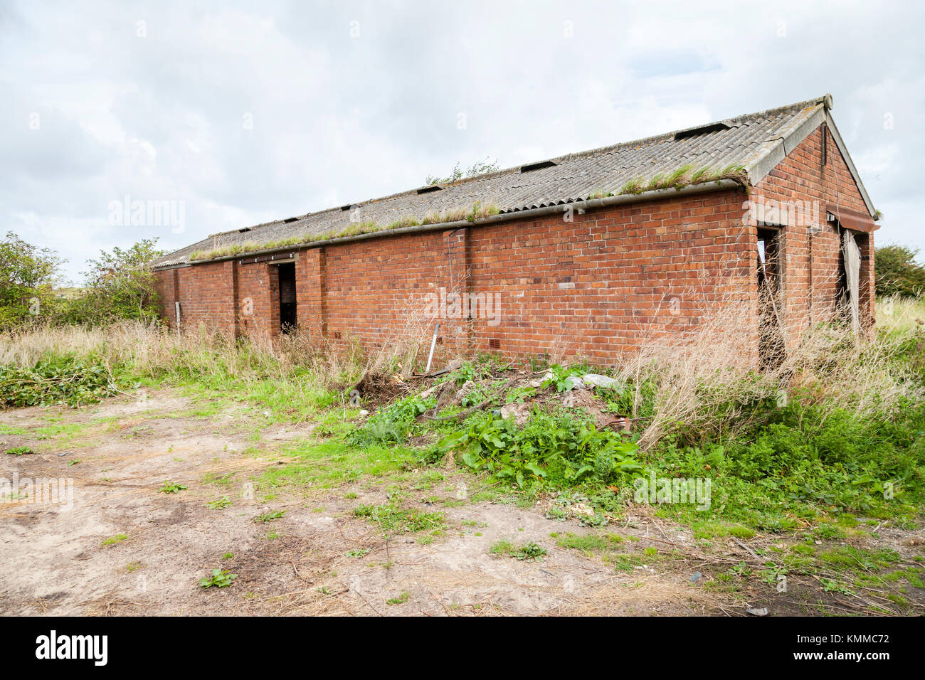 Derelict Farm Building, Abandoned agricultural red brick outbuilding with asbestos roof. In open field. Stock Photo