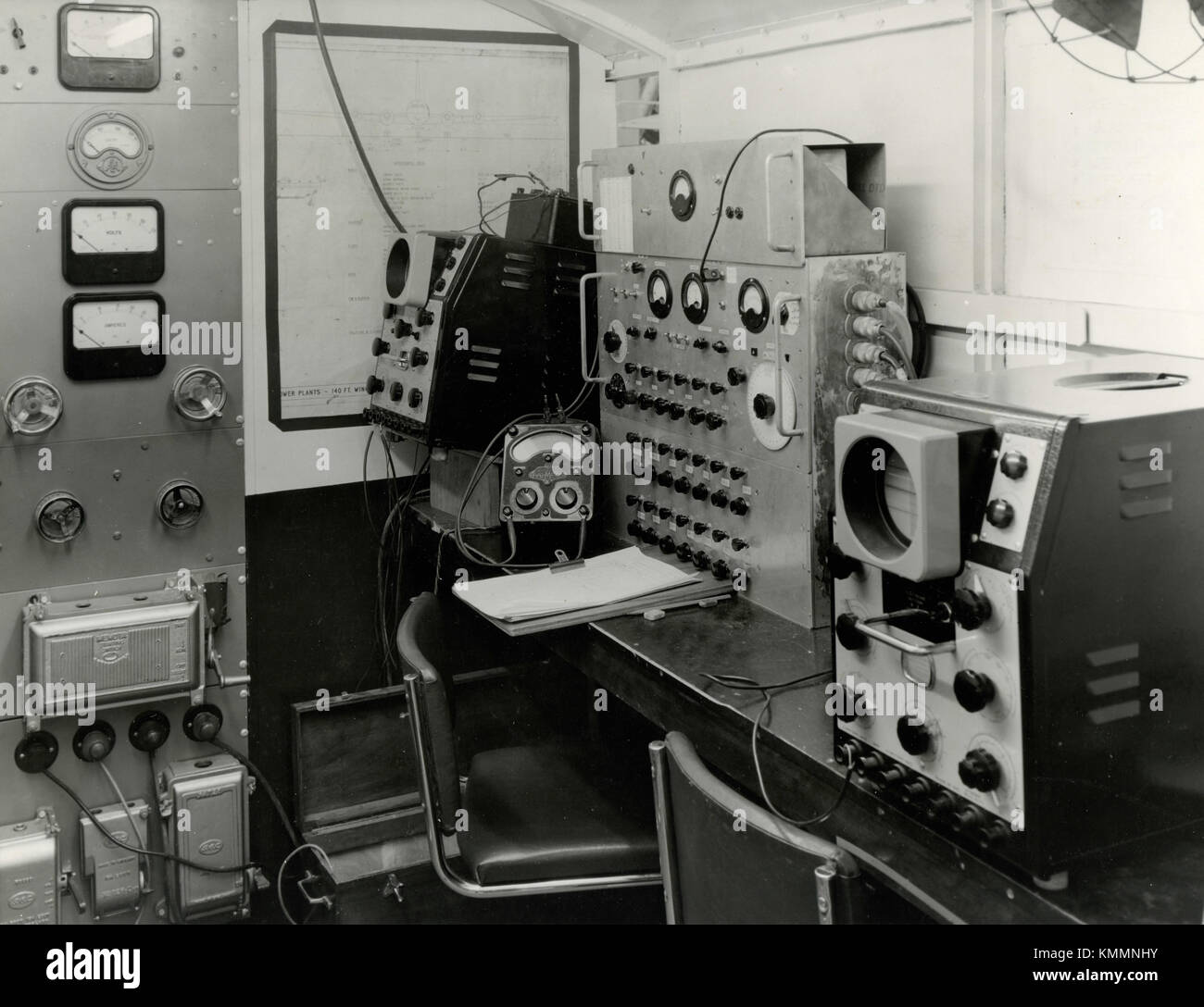 Interior of the control van for resonance tests on the prototype aircraft Bristol Britannia, UK 1952 Stock Photo