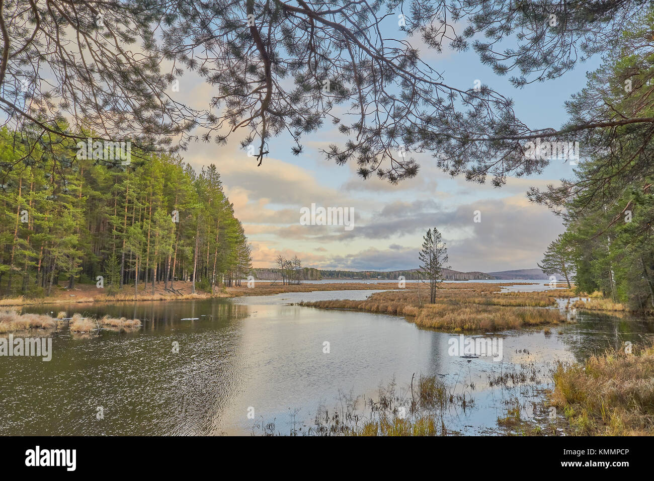 Sunset in the autumn forest by the lake in the mountains Stock Photo ...