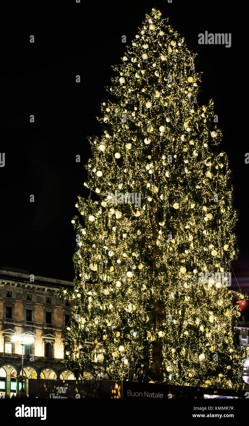 the imposing Christmas tree in Duomo Square in Milan, Italy Stock Photo