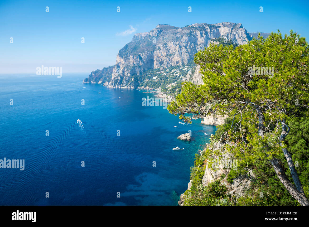 Dramatic scenic overlook through Mediterranean pine trees to a view of ...