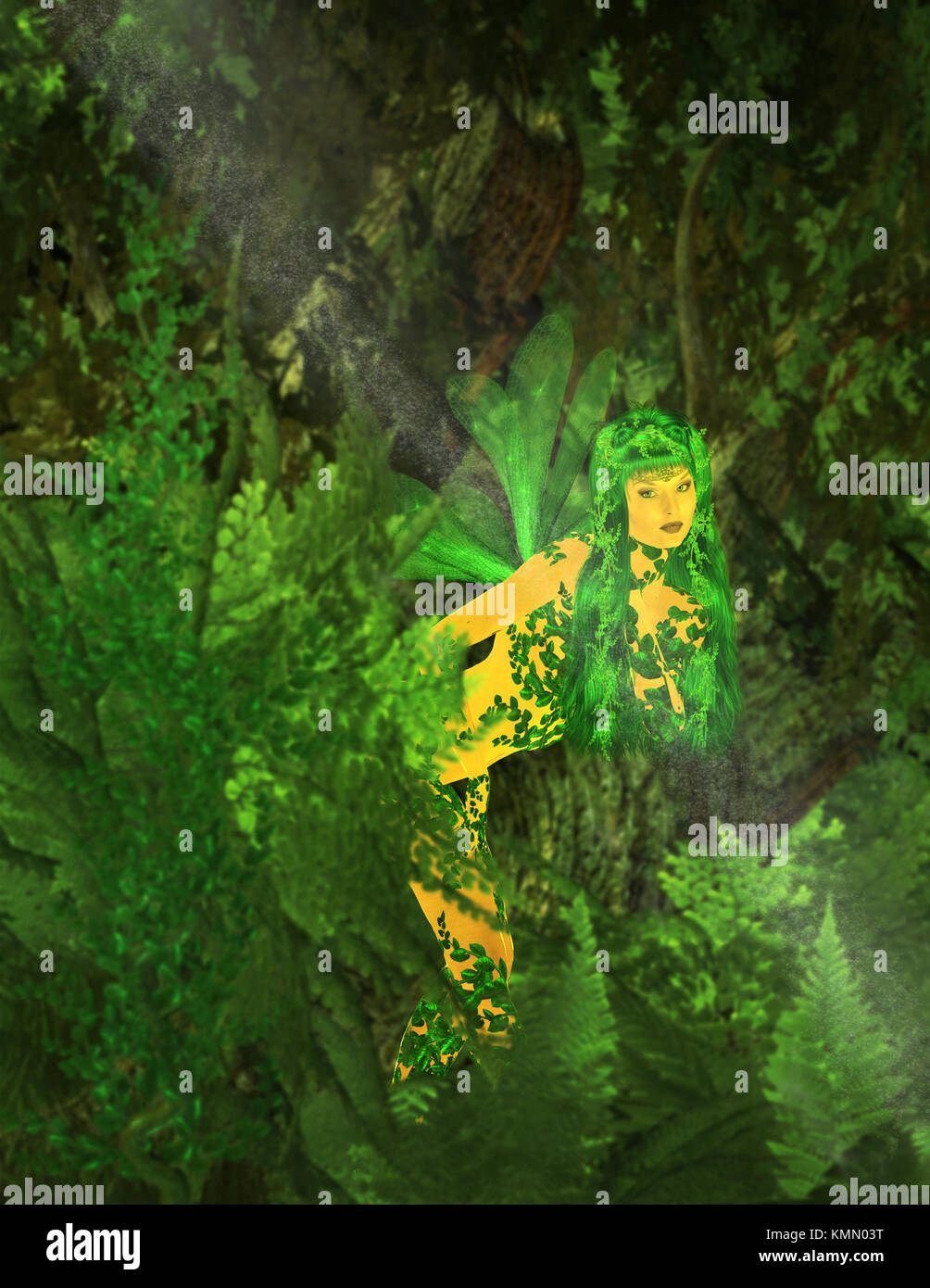 Green fairy standing in the forest Stock Photo - Alamy