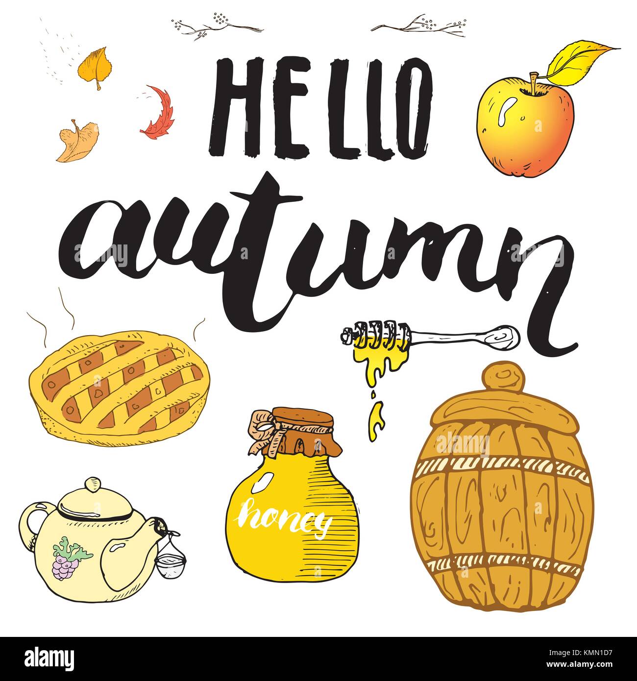 Autumn season set. Hand drawn doodles and lettering vector illustration ...