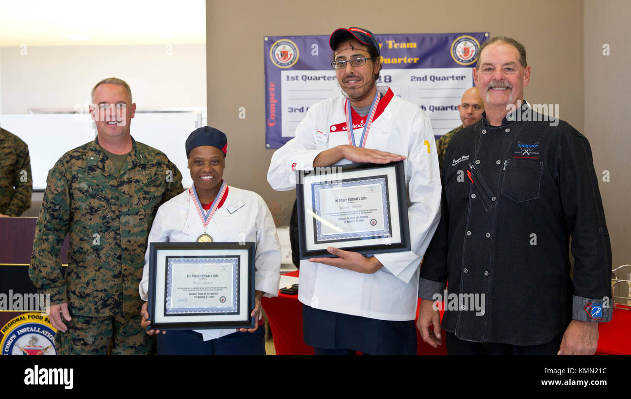 Pennie Jordan and Juan Benitez, Sodexo food service specialists on Camp Pendleton place first in the Culinary Team of the Quarter aboard Camp Pendleton, Calif., Dec. 6, 2017. The competition brings Marine and civilian food service specialists together in a head-to-head competition to see who has the best chow hall. (U.S Marine Corps Stock Photo