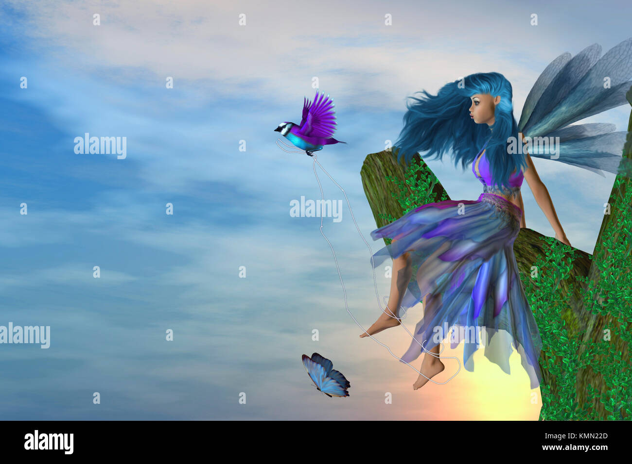 Fairy sitting on a tree with a bird and butterfly Stock Photo - Alamy