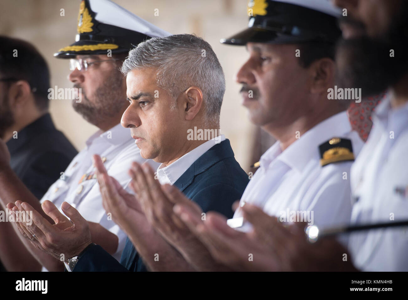 Mayor of London Sadiq Khan visits Mazar-e-Quaid, the final resting place and mausoleum of Muhammed Ali Jinnah, founder of Pakistan, in Karachi where the mayor paid his respects by laying a wreath then addressed the media. Stock Photo
