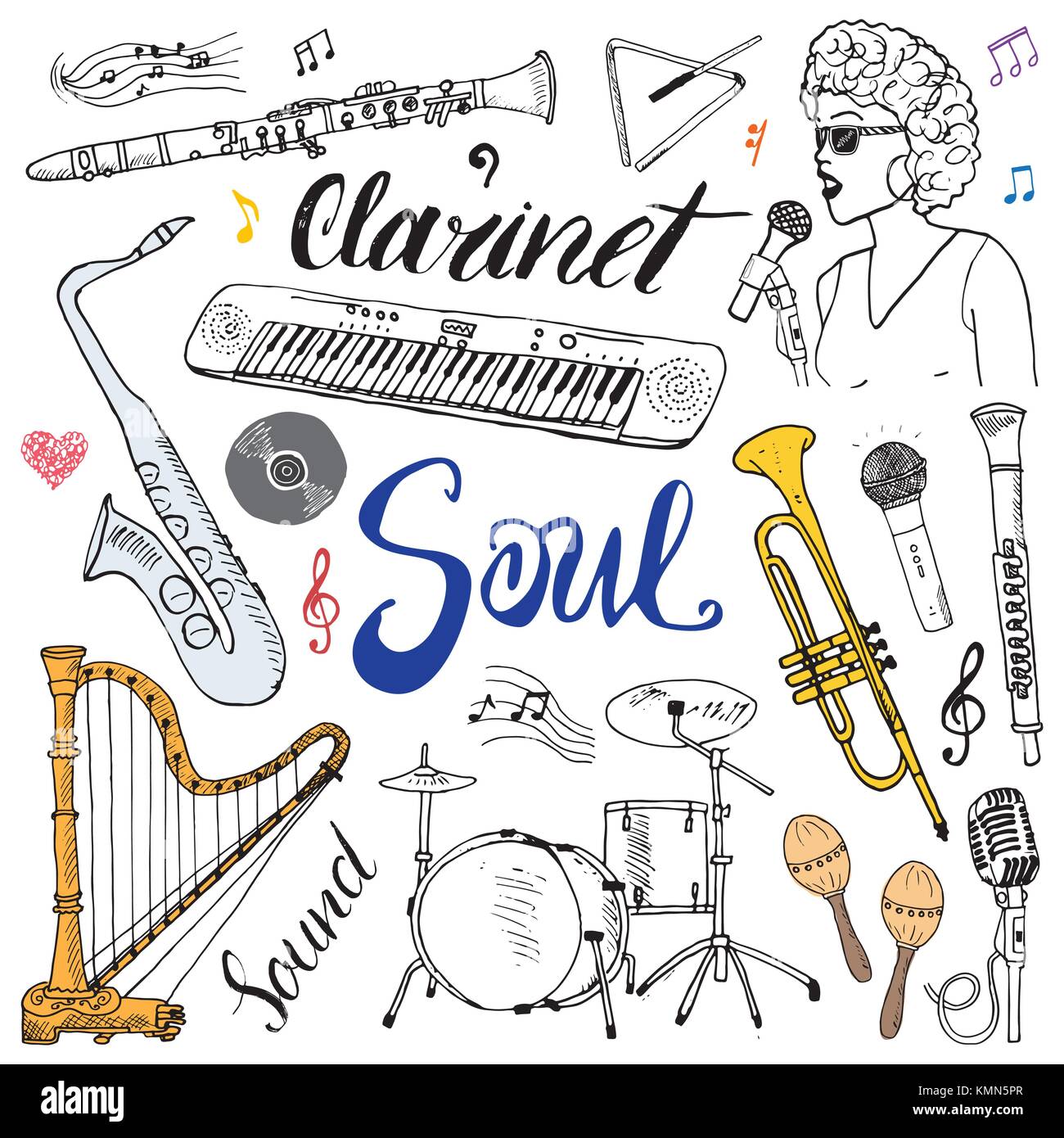 Modern Instruments Drawing Music Instruments Set. Hand Drawn Sketch, Vector Illustration Isolated ...