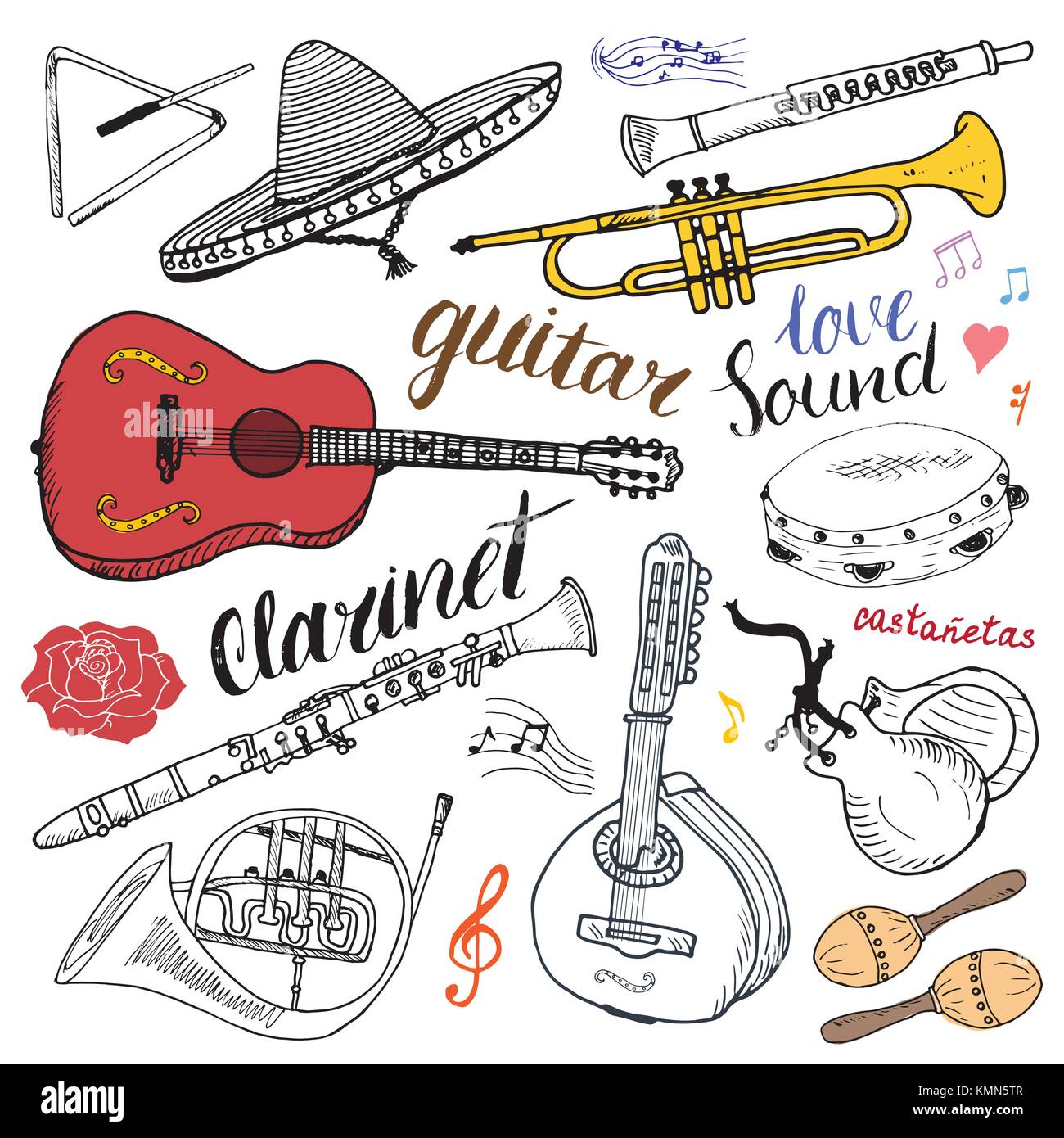 Music Instruments Set. Hand Drawn Sketch, Vector Illustration Isolated ...
