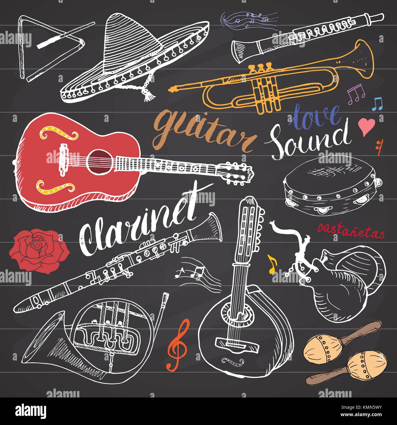 Music Instruments Set. Hand Drawn Sketch, Vector Illustration On ...
