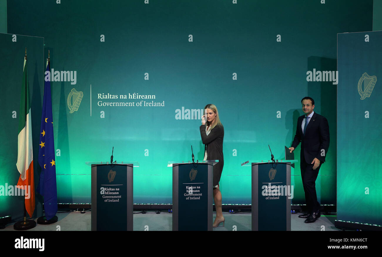 Taoiseach Leo Varadkar (right), and Minister for European Affairs Helen McEntee arrive at the Government Press Centre in Dublin after the European Commission announced that 'sufficient progress' has been made in the first phase of Brexit talks. Picture date: Friday December 8, 2017. See PA story POLITICS Brexit. Photo credit should read: Brian Lawless/PA Wire Stock Photo