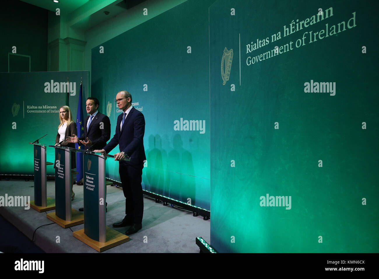 Taoiseach Leo Varadkar (centre), Tanaiste Simon Coveney (right) and Minister for European Affairs Helen McEntee speaking at the Government Press Centre in Dublin after the European Commission announced that 'sufficient progress' has been made in the first phase of Brexit talks. Picture date: Friday December 8, 2017. See PA story POLITICS Brexit. Photo credit should read: Brian Lawless/PA Wire Stock Photo