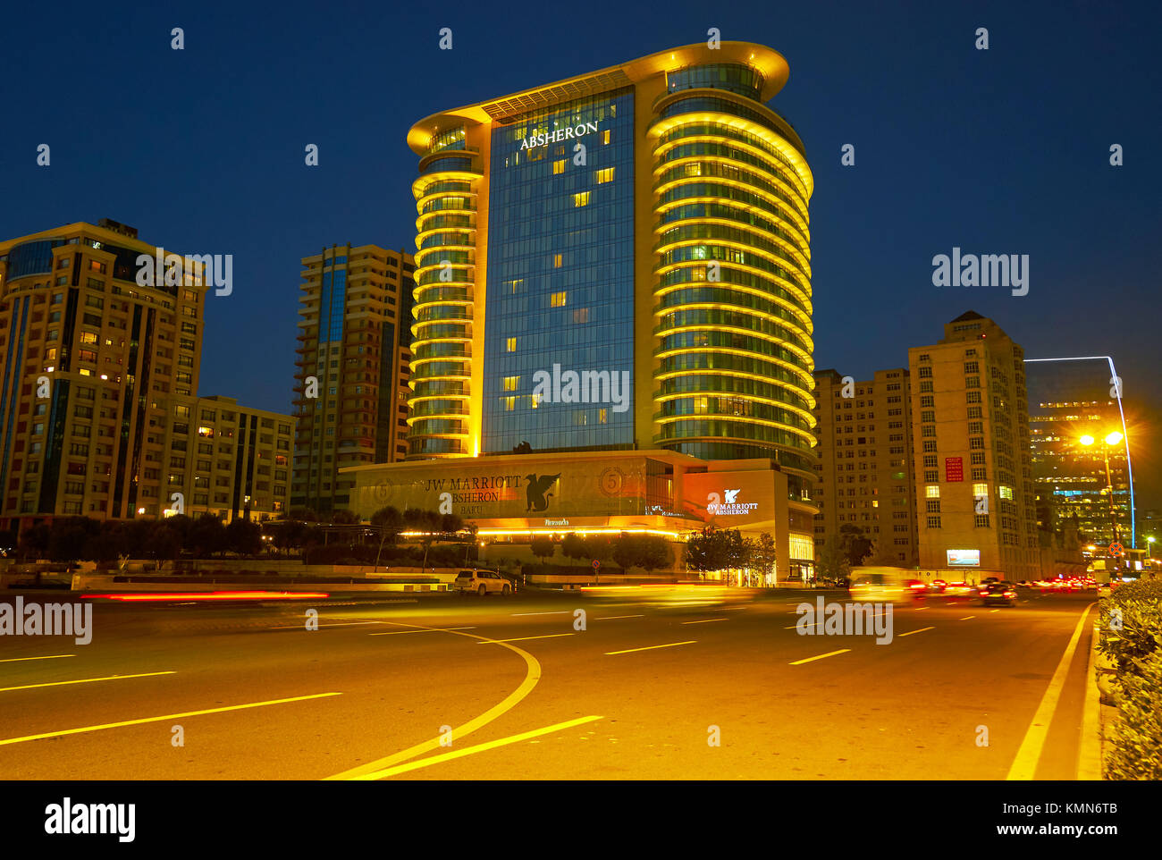 BAKU, AZERBAIJAN - OCTOBER 9, 2017: Beautiful modern edifices of Baku located next to coastline of Capian Sea, on October 9 in Baku Stock Photo