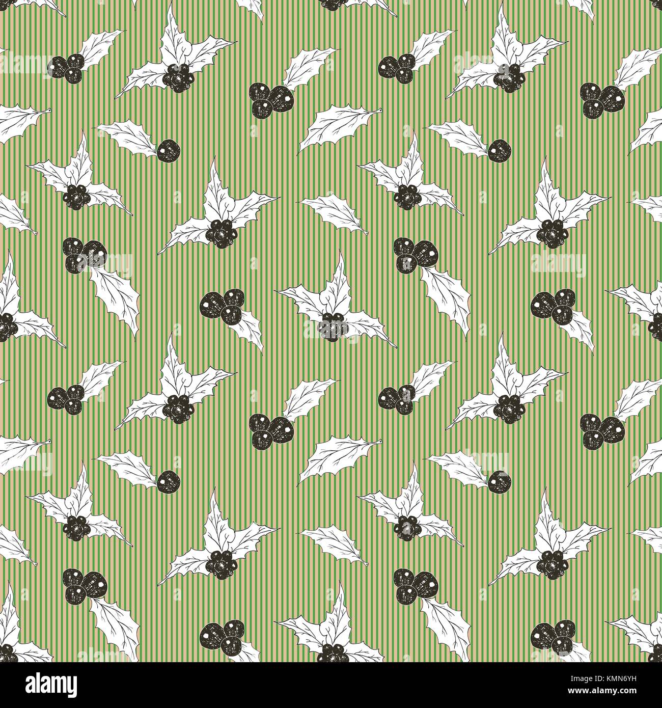 Holly Leaves and Berries hand drawn sketch retro, vintage Seamless ...