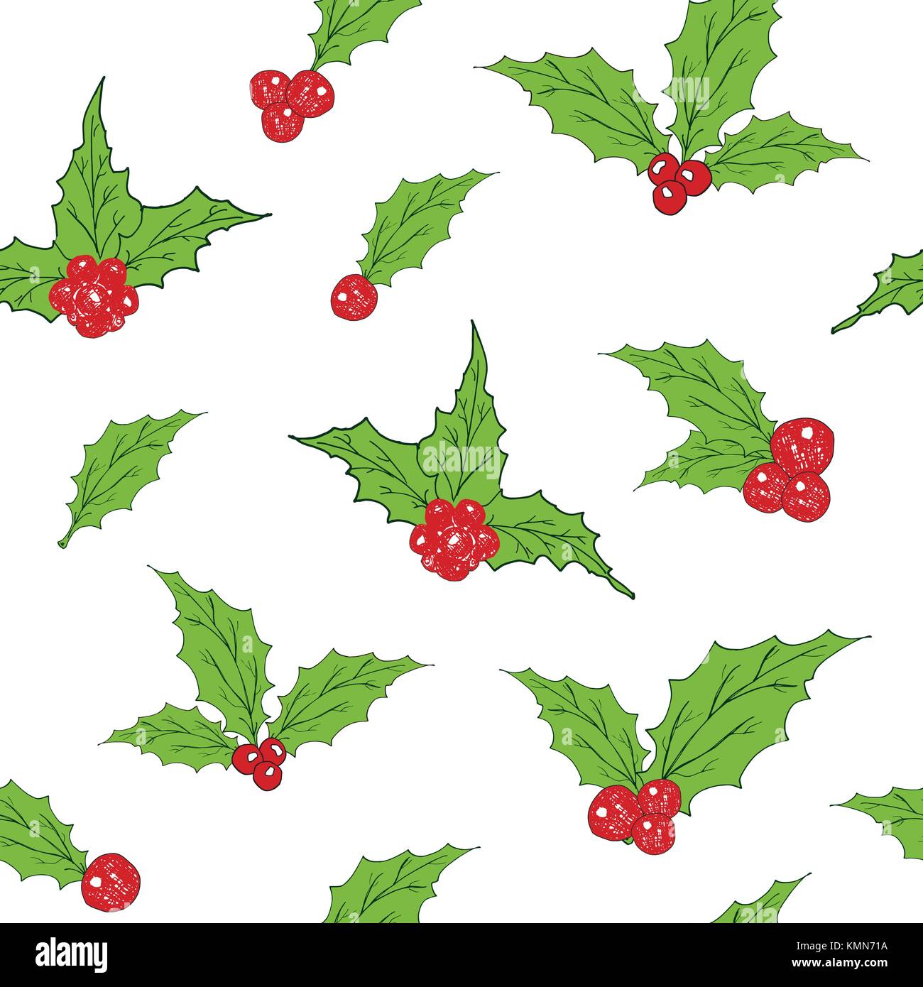 Holly Leaves and Red Berries hand drawn sketch retro, vintage Seamless ...