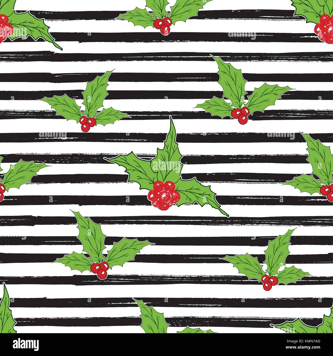 Holly Leaves and Red Berries hand drawn sketch retro, vintage Seamless ...