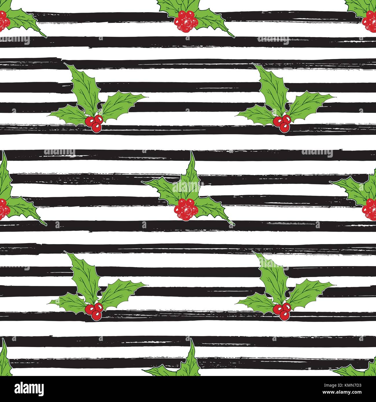 Holly Leaves and Red Berries hand drawn sketch retro, vintage Seamless ...