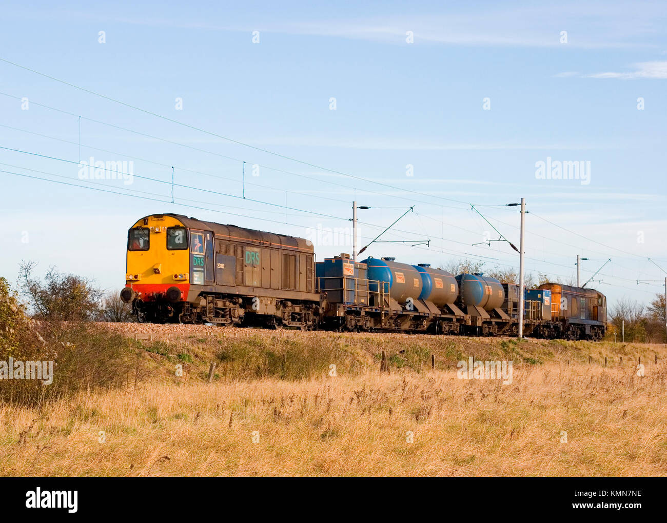 A pair of class 20 locomotives owned by DRS operating a rail head treatment train. Stock Photo