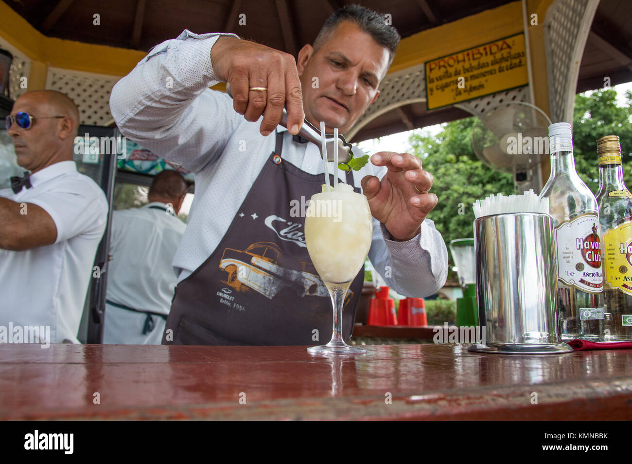 Bartender making a daiquiri with Havana Club Rum in Cienfuegos, Cuba Stock Photo