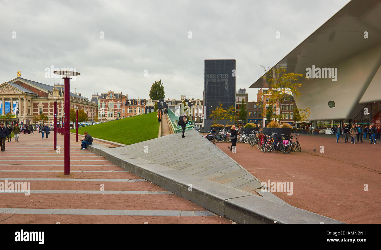 Museumplein (Museum Square) with Concert-Gebouw on left and Stedelijk Museum extension by Benthem Crouwel Architects on the right, Amsterdam, Holland Stock Photo