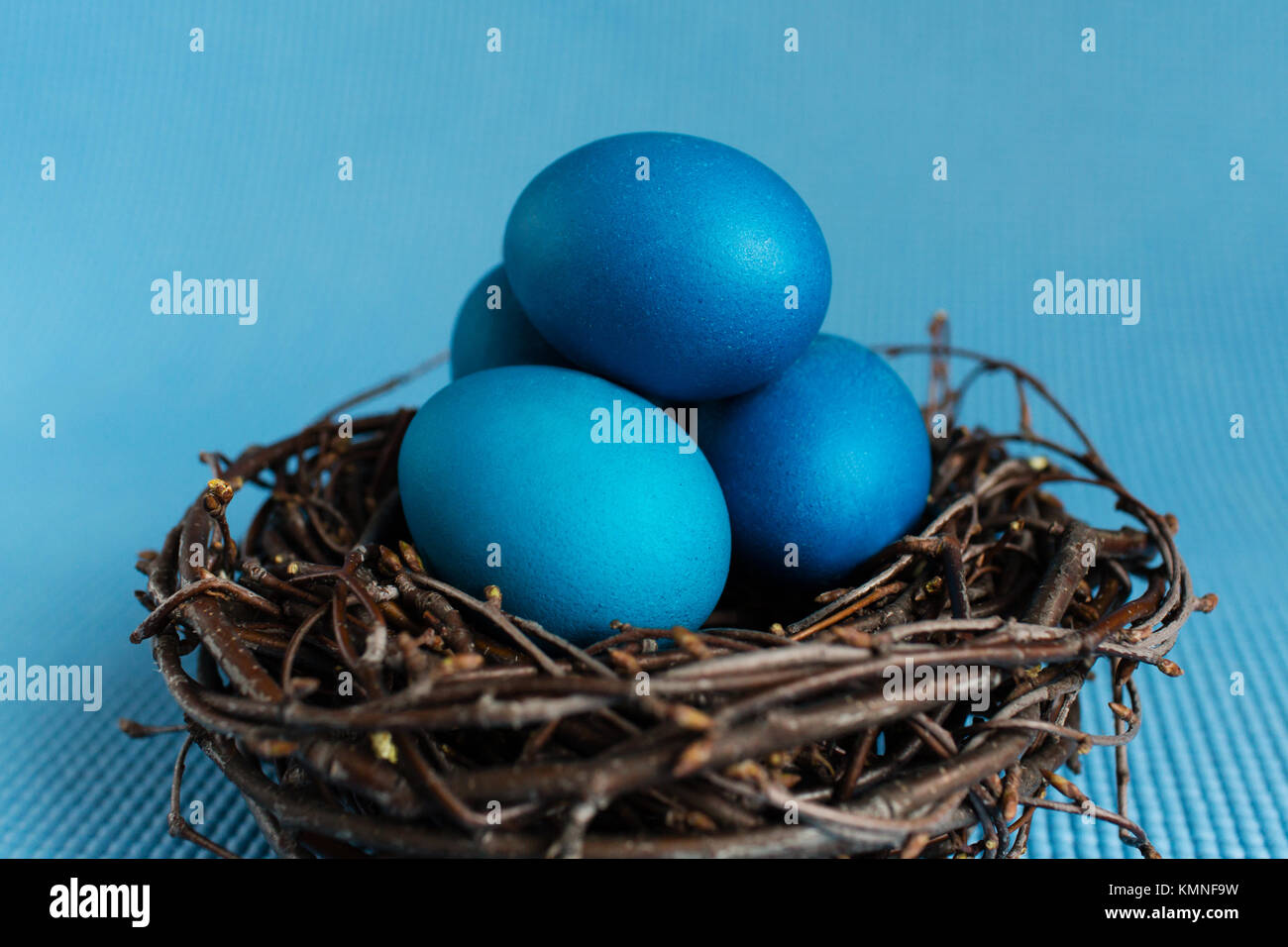 Easter eggs in the nest on blue background Stock Photo - Alamy