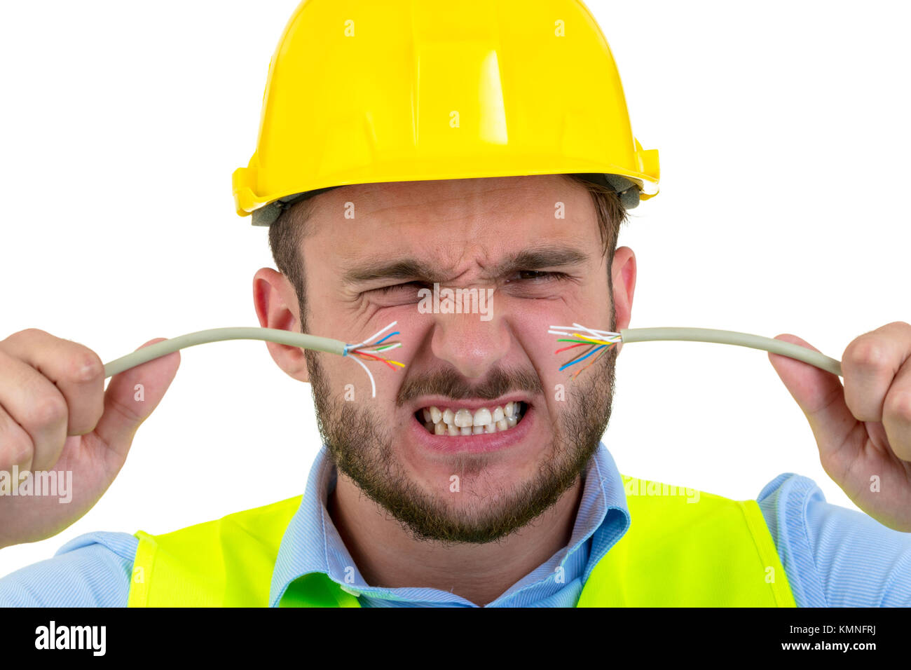 Portrait of crazy electrician over white background Stock Photo Alamy