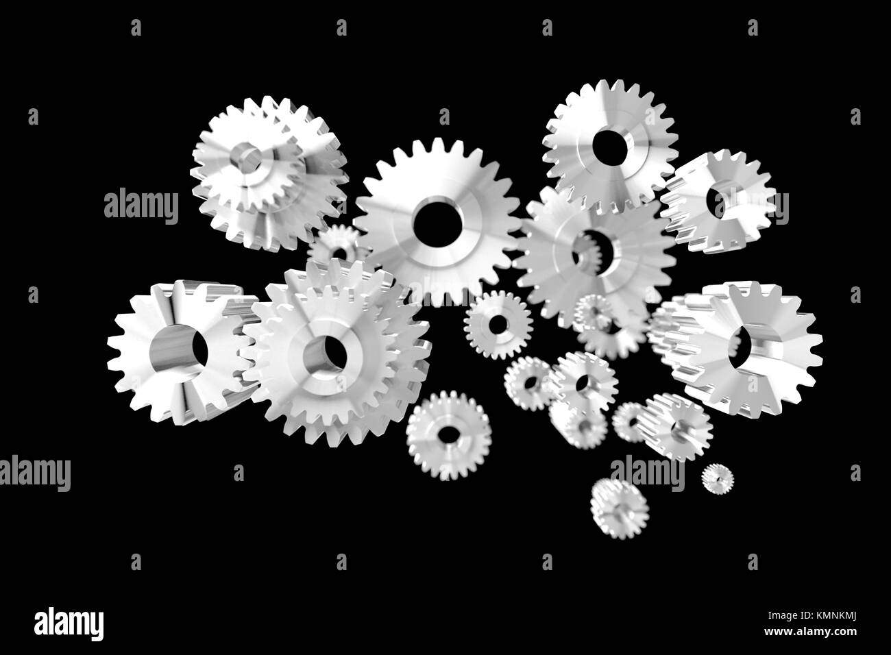 3D render group of silver metal gear on black background shallow depth ...