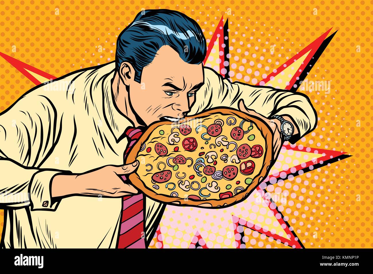 man bites pizza. Pop art retro vector illustration Image & Art - Alamy