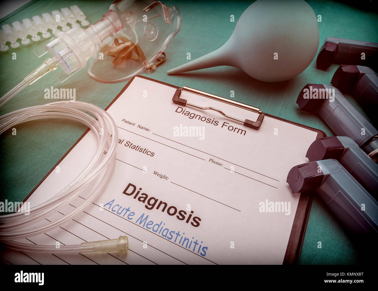 Diagnostic form, acute mediastinitis, Oxygen mask and inhalers in a hospital, conceptual image Stock Photo