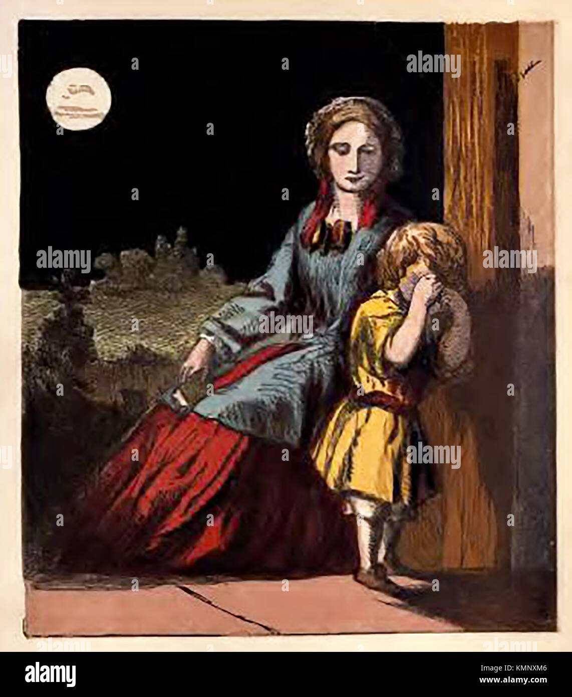 Illustration from a Victorian children's coloured book of occupations and pastimes.: -  Domestic Scene - Child crying because its time for bed Stock Photo