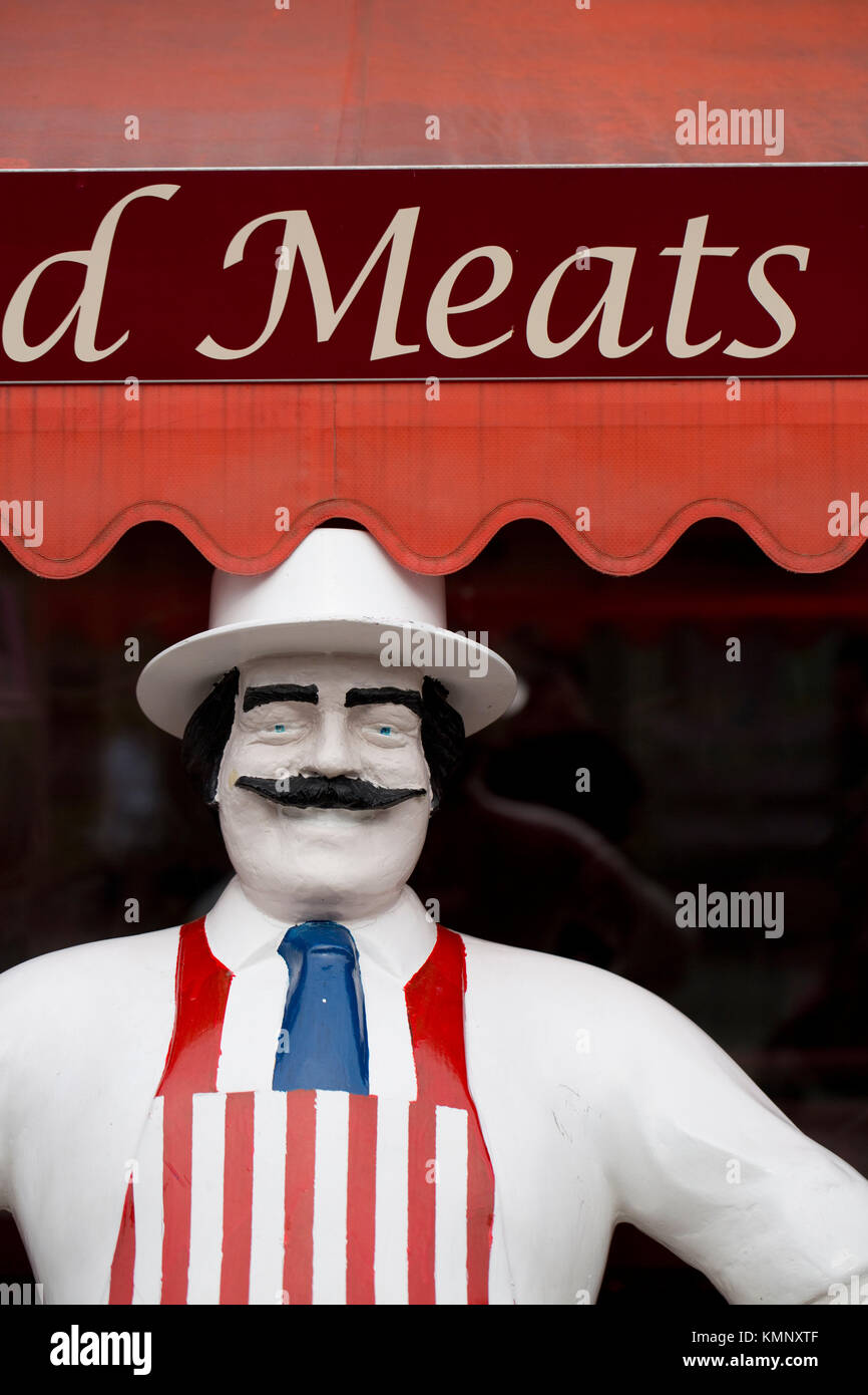Life Size Butcher model outside a traditional butchers in the market