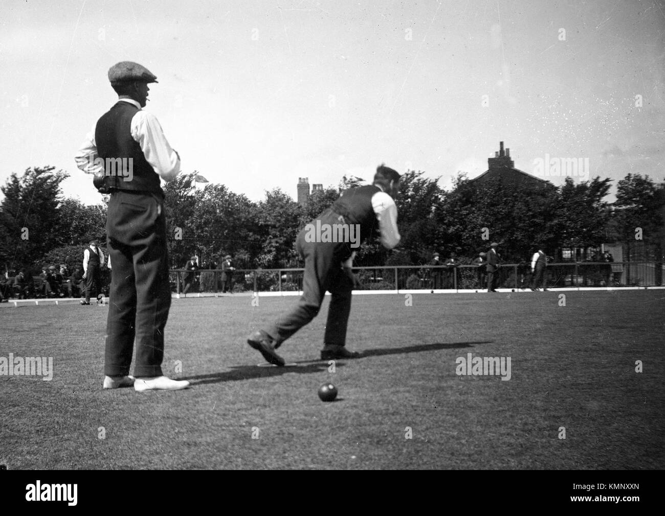 A match in action. c1919 Crown Green Bowls, England.  Photo by Tony Henshaw Stock Photo