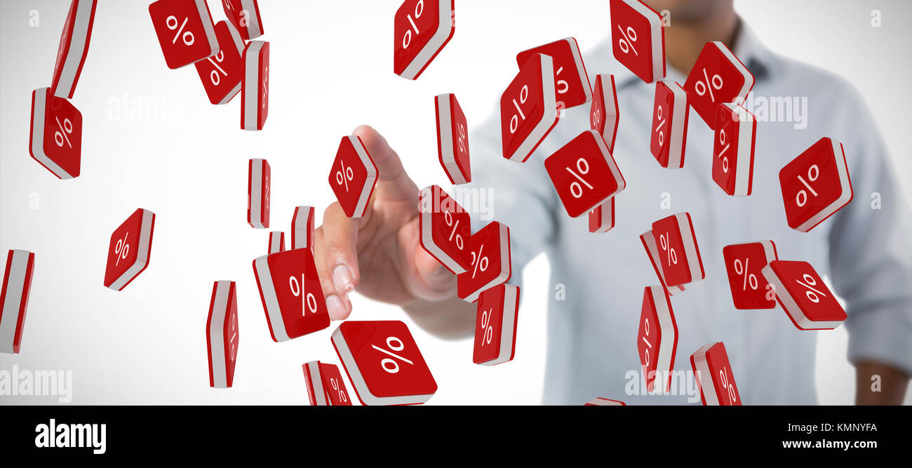 Man pretending to touch an invisible screen against white background against percent sign vector icon Stock Photo