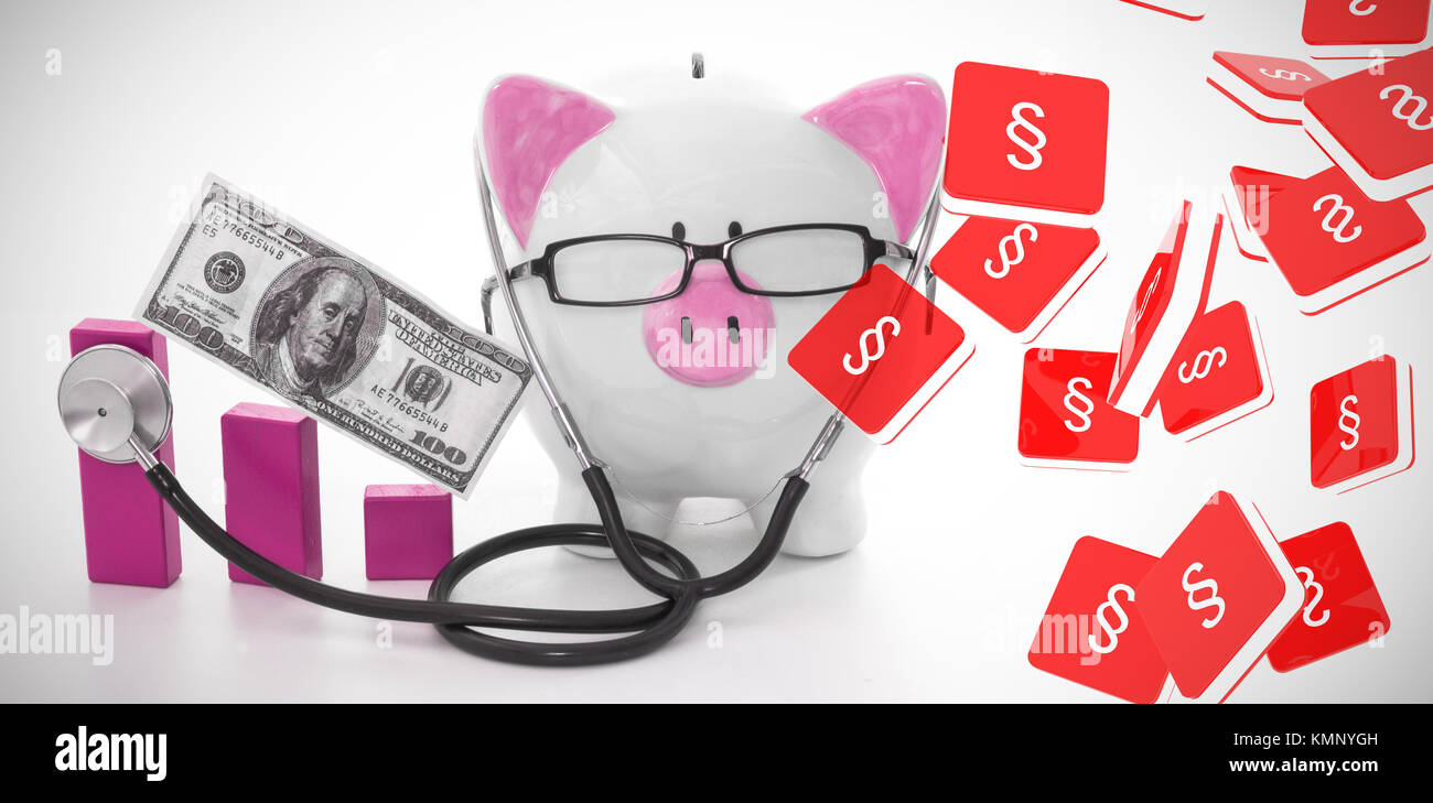 Double s letter logo sign icon element against pink and white piggy bank wearing glasses and stethoscope Stock Photo