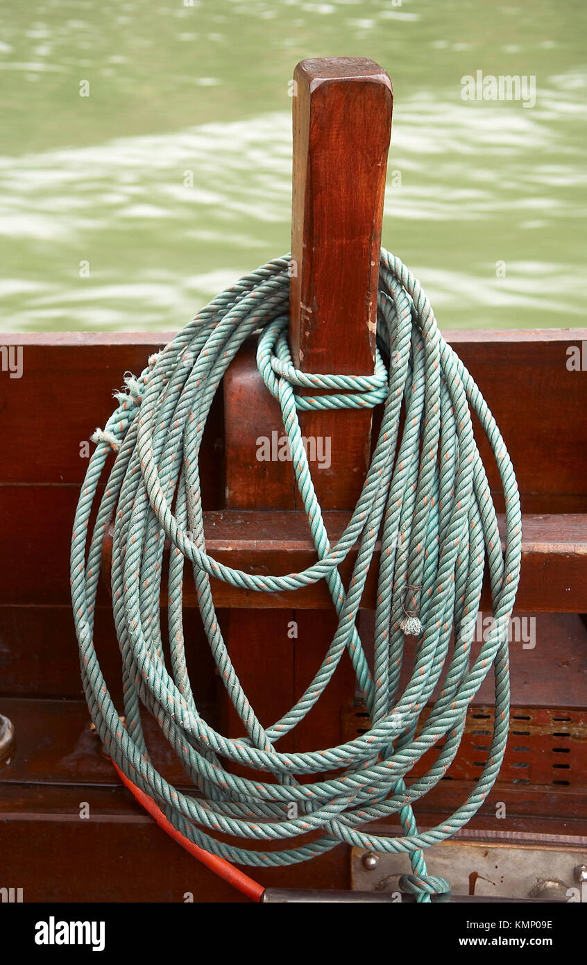 Boat mooring ropes in Cais da Ribeira (Ribeira quay) and Douro river, Porto. Portugal Stock