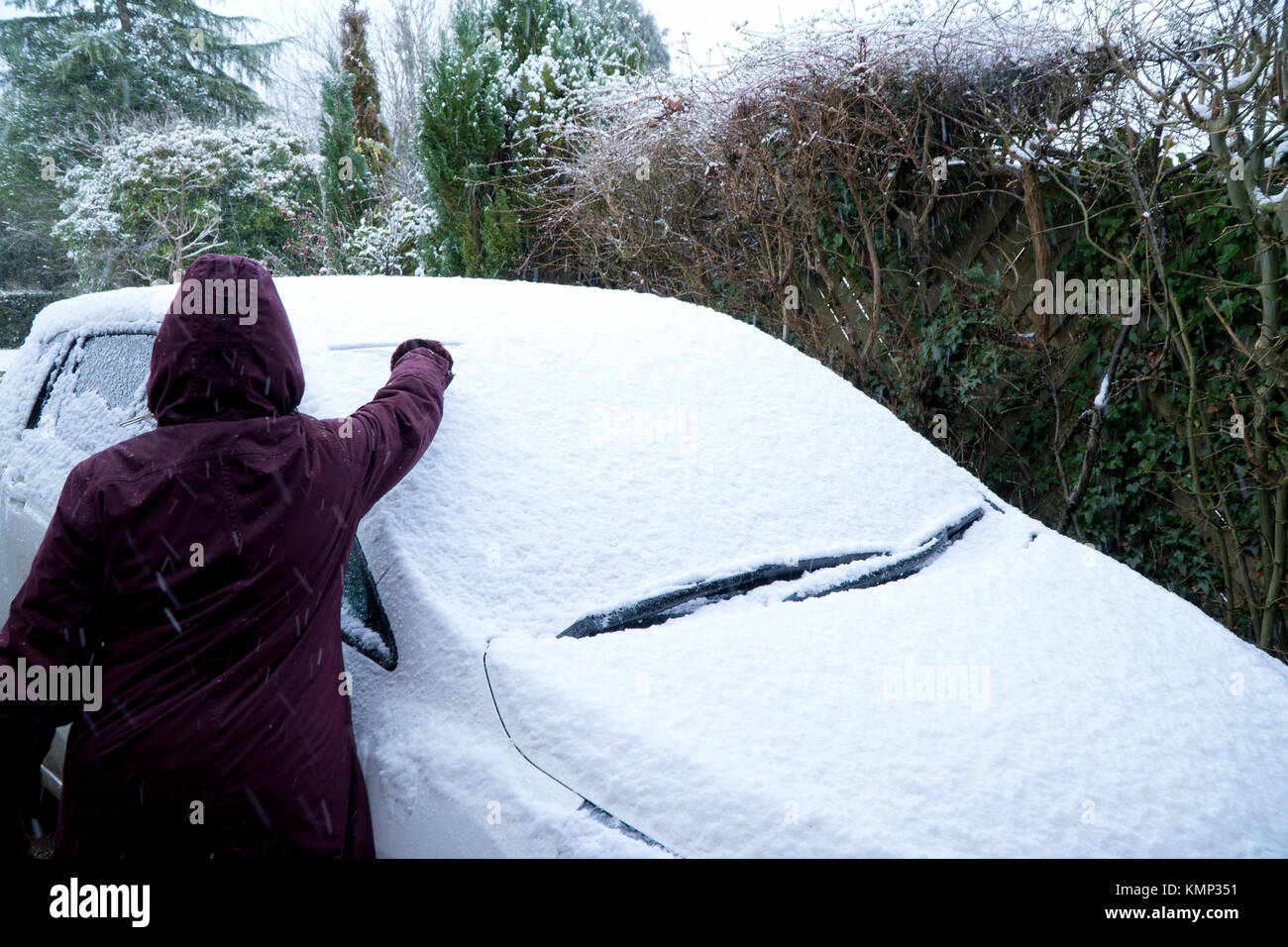 Woman clearing snow from a car Stock Photo Alamy