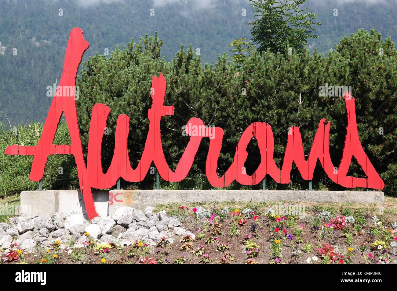 Autrans commune sign at a traffic circle Stock Photo