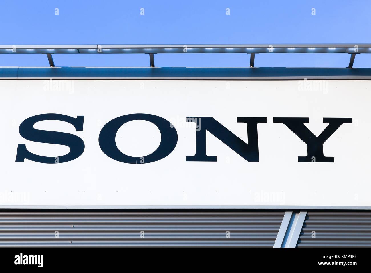 Dortmund, Germany - July 21, 2017: Sony logo on a wall. Sony is a Japanese multinational conglomerate corporation Stock Photo