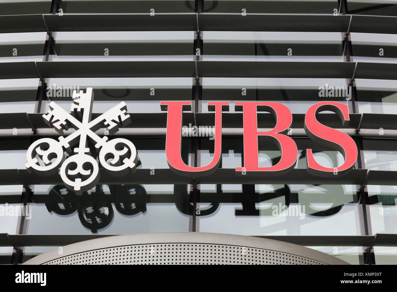 Kirchberg, Luxembourg - July1, 2017: UBS sign on a wall. UBS is a Swiss global financial services company. UBS is the largest bank in Switzerland Stock Photo
