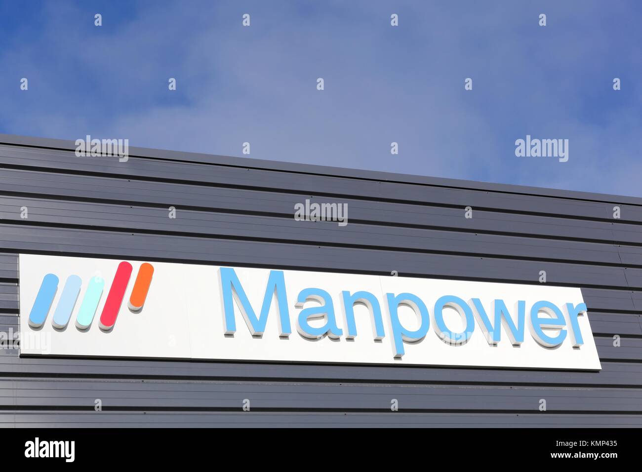 Dax, France - June 5, 2017: Manpower logo on a wall. ManpowerGroup is the third-largest staffing firm in the world Stock Photo