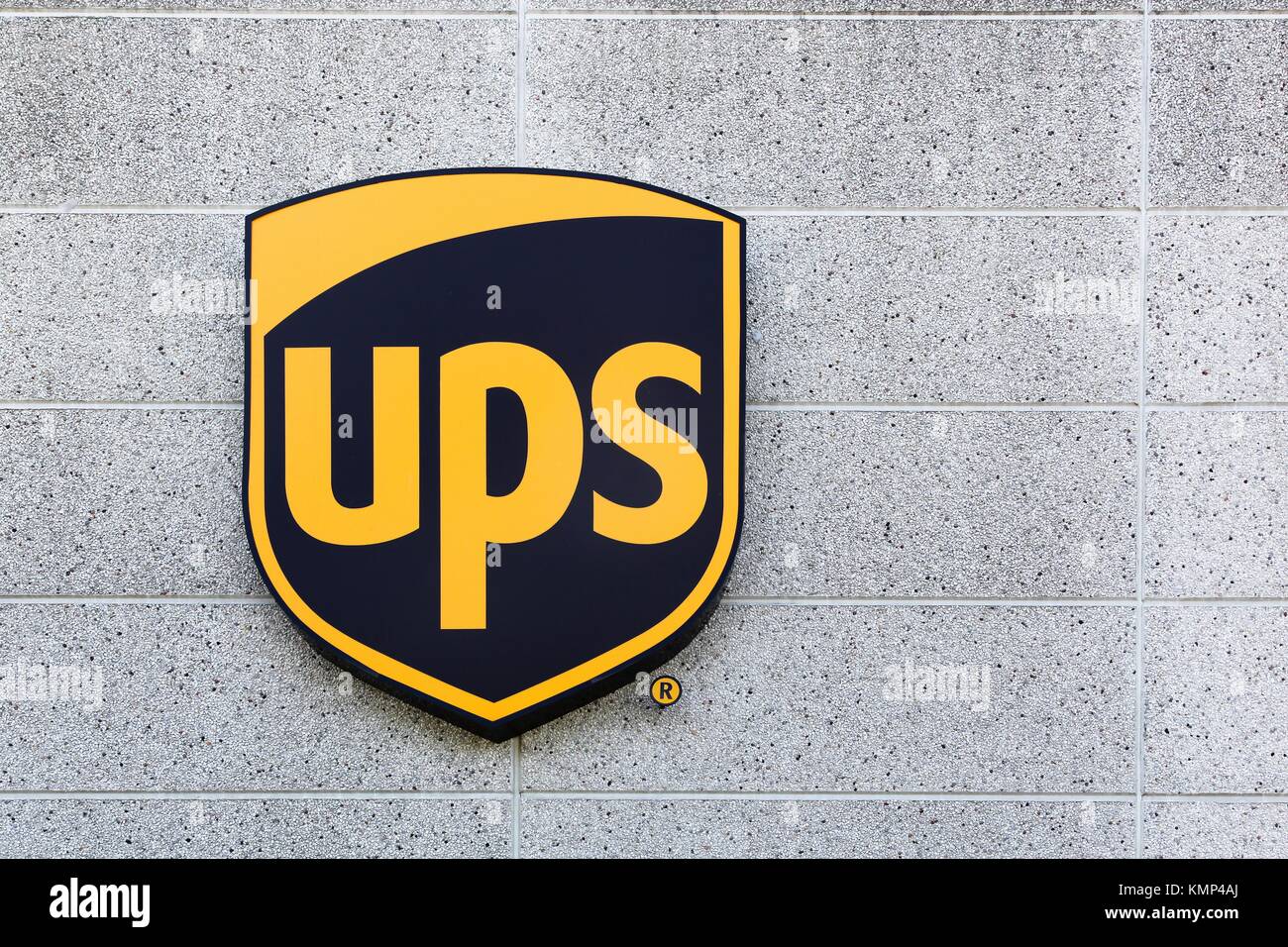 Vejle, Denmark - September 10, 2016: UPS logo on a facade. United Parcel Service is the world's largest package delivery company Stock Photo