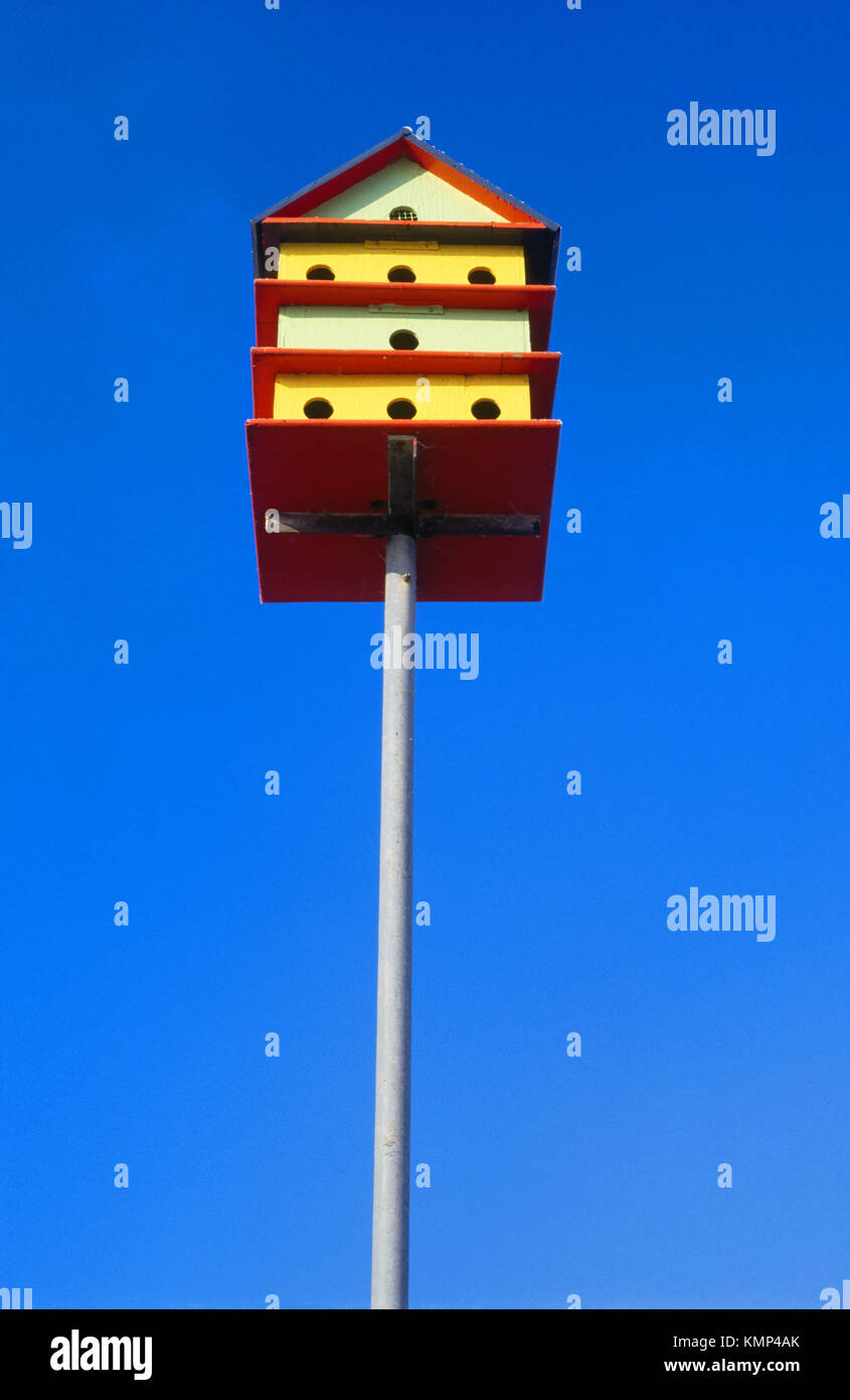 Closeup of colourful birdhouse on metal pole Stock Photo Alamy