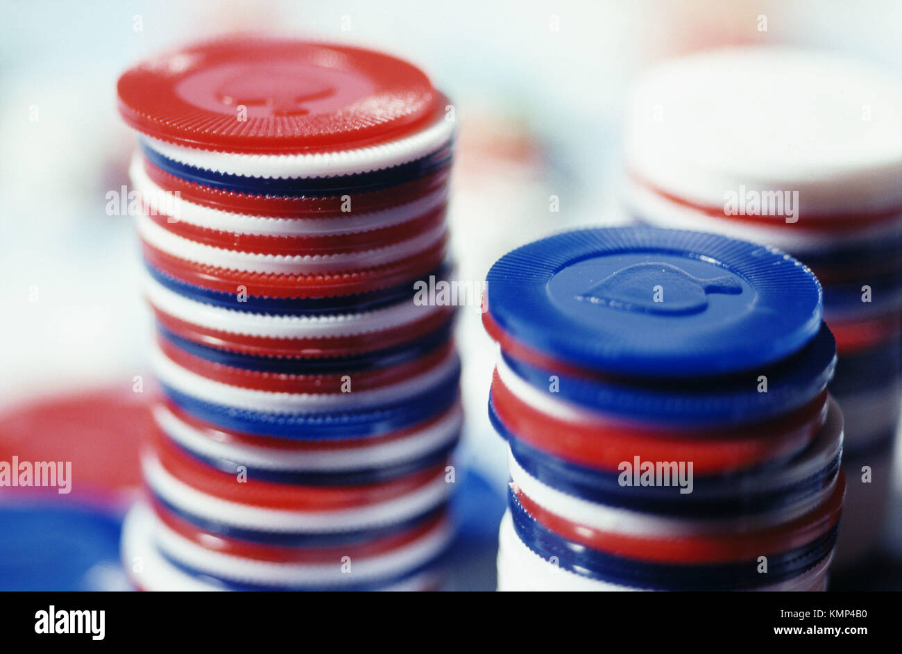 Stacks of red, blue and white poker chips Stock Photo Alamy