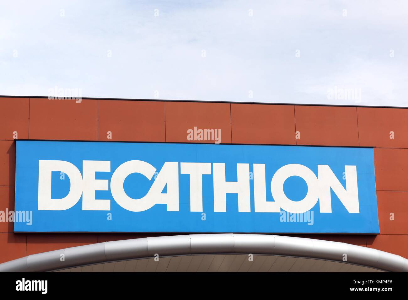 Bourgoin, France - June 26, 2017: Decathlon sign on a wall.Decathlon is a french company and one of the world's largest sporting goods retailers Stock Photo