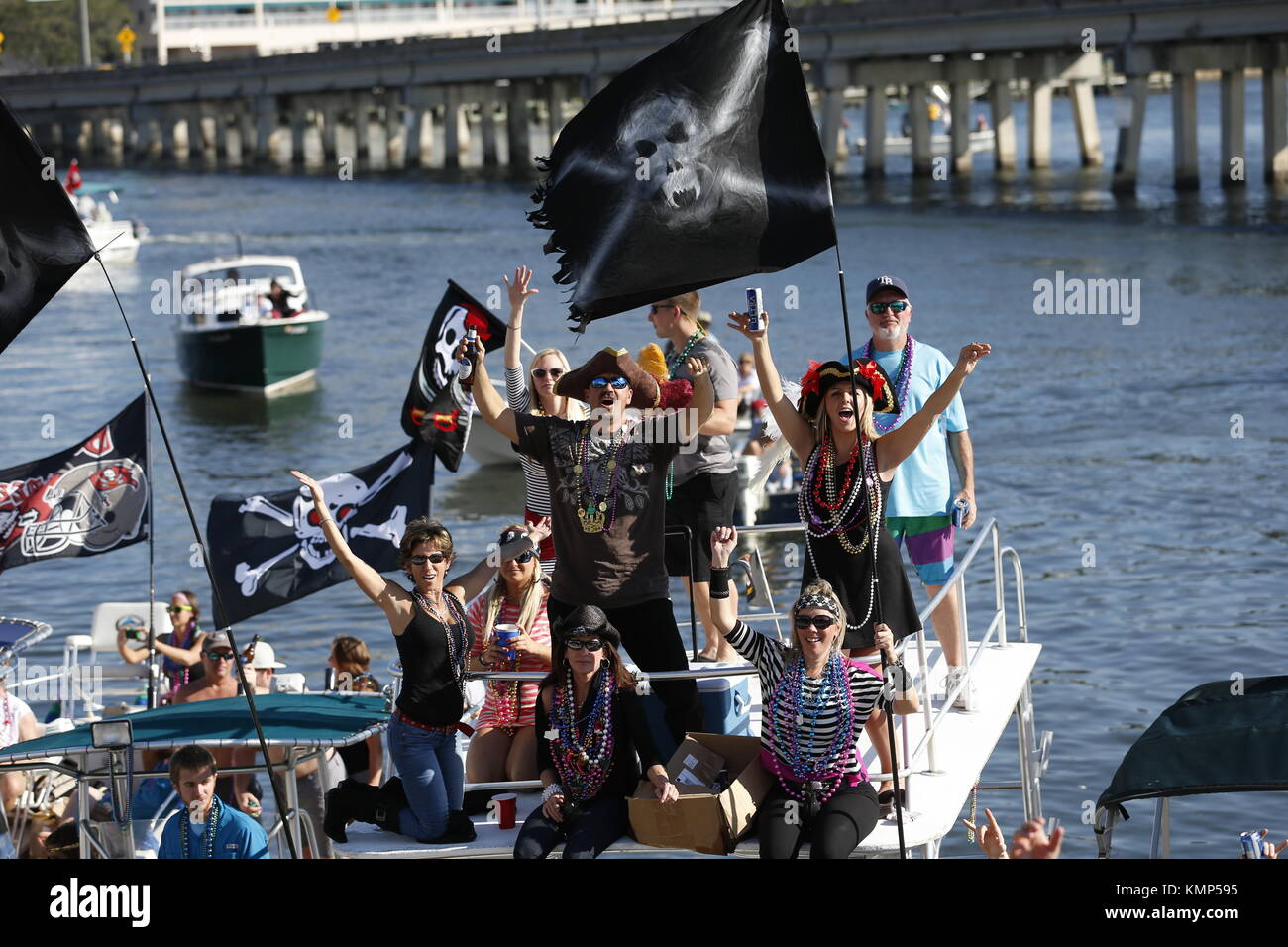 Boaters gather in Tampa Bay along Bayshore boulevard during Tampa's Gasparilla Pirate Invasion and Parade. Stock Photo